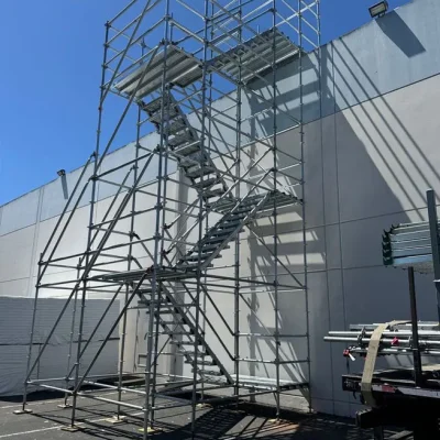 Temporary stair tower scaffolding built by Los Angeles Elite Scaffolding for safe rooftop and elevated access on a commercial property.